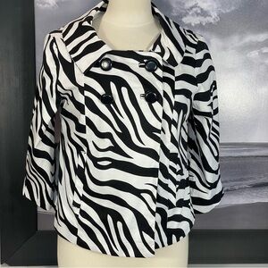Sandro Sport Black White Zebra Double Breasted Crop Jacket Blazer Sz M